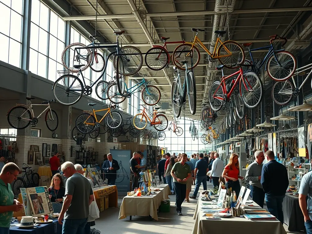 A vibrant collector fair with vendors displaying vintage bicycles and cycling memorabilia, attendees browsing and engaging with the displays.