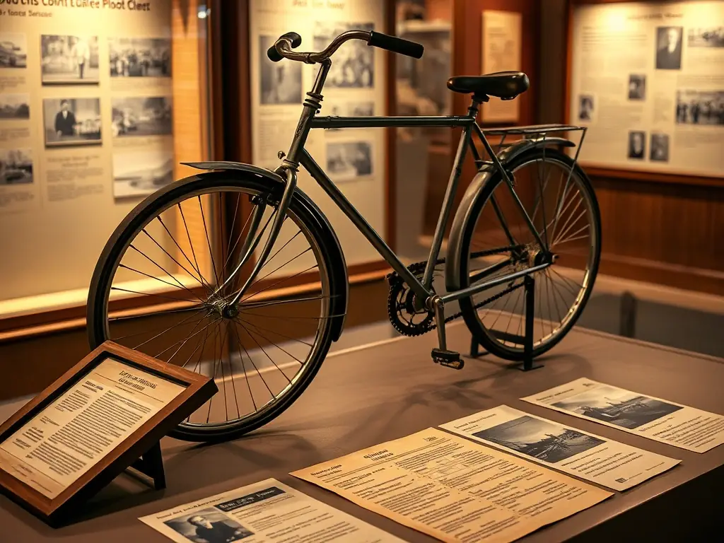 A captivating image of a cycling heritage exhibition at CYCLISME LÉGENDE, showcasing vintage bicycles and historical documents related to cycling.