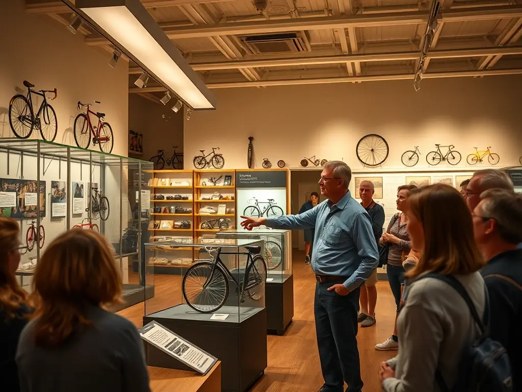 A CYCLISME LÉGENDE tour guide leading a group through an exhibition of vintage bicycles, explaining the historical significance of each model. The setting is a well-lit museum gallery with informative displays.
