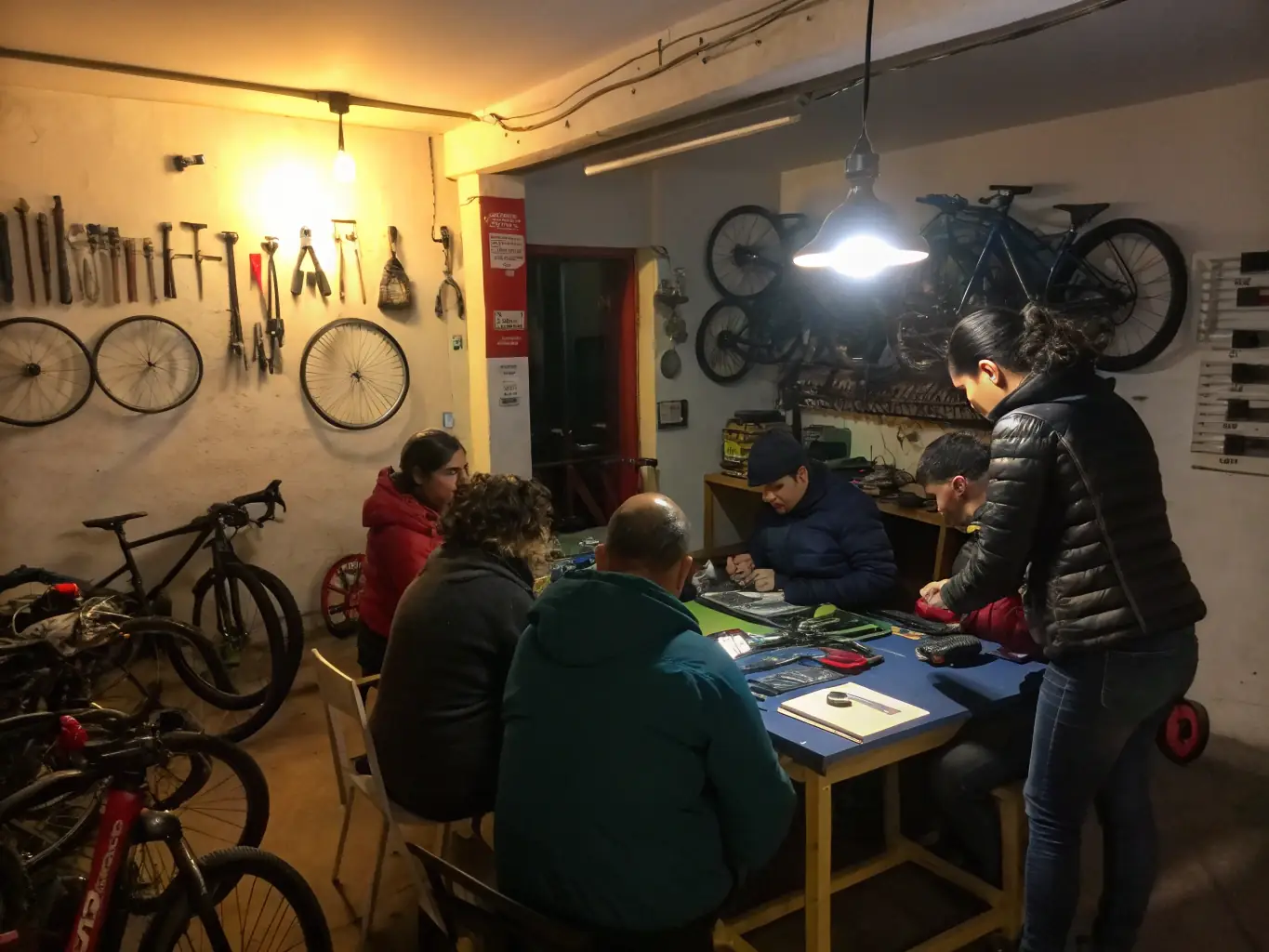 A dynamic photograph of participants engaging in a cycling-related workshop at CYCLISME LÉGENDE, showcasing hands-on learning and community interaction.
