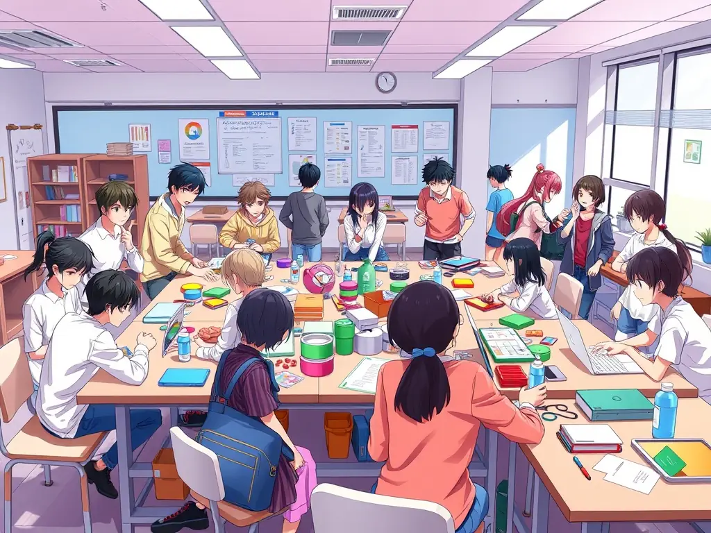 A group of students participating in a hands-on workshop at CYCLISME LÉGENDE, learning about the mechanics of vintage bicycles. The scene is brightly lit, showcasing the interactive nature of the educational program.